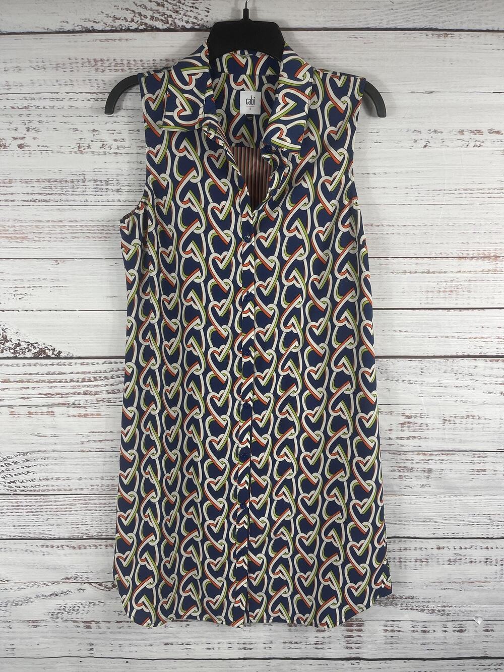 Cabi Shirtdress Women's Size S Blue Heart Print Sleeveless Button Front Collared